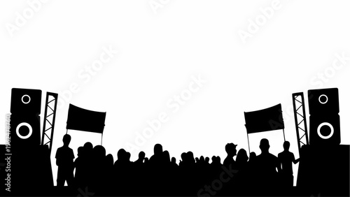 Silhouette of a lively music festival crowd with speakers and flags waving vibrant atmosphere