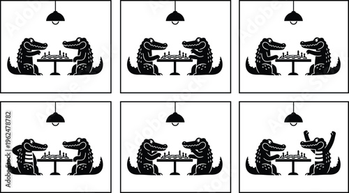 Cartoon vector illustration of two alligators playing chess in six panels, humorous reptile characters, competition, strategy, victory celebration scene