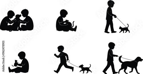 Children and dogs silhouette vector illustration set featuring playful companionship, walking, petting, running, caring animal design artwork collection