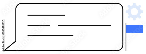 Communication tools, settings adjustment, tech integration, user interface, customization, feedback systems. Speech bubble with a gear icon and text lines. Communication tools and settings adjustment