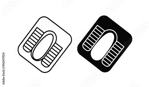 Silhouette of two diamond shaped objects with oval cutouts and striped patterns