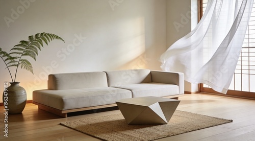 Spacious Modern Japandi Living Room Interior featuring Sheer White Curtains Blowing, Ultra-realistic Product Photography