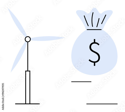 Renewable energy, financial growth, sustainability, green energy, economics, investment. Wind turbine and money bag symbol. Renewable energy and financial growth