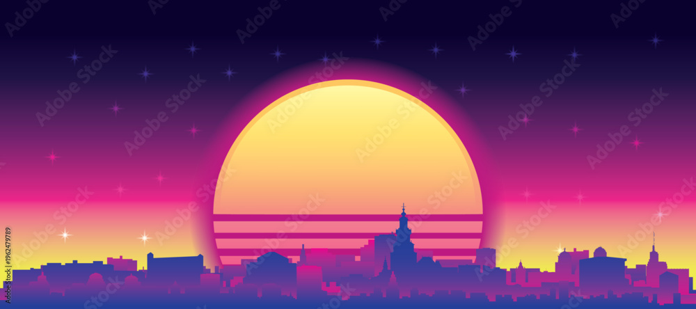 Obraz premium Purple generic retro futuristic synthwave panoramic poster of the city skyline with misty background sunset buildings of AMSTERDAM, NETHERLANDS