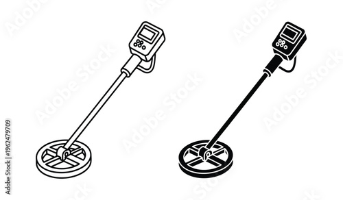 Silhouette of two metal detectors with round coils and control boxes on long handles