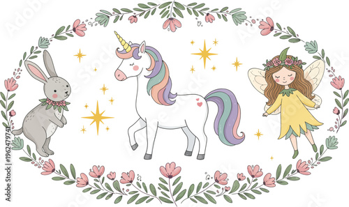 Whimsical circular illustration of a girl with lambs and animals in a floral wreath on white background