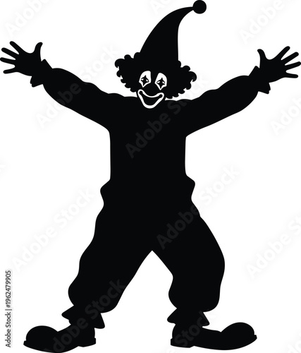 Clown silhouette vector illustration with curly hair pointed hat star eyes wide smile raised arms playful pose artwork design for circus theme