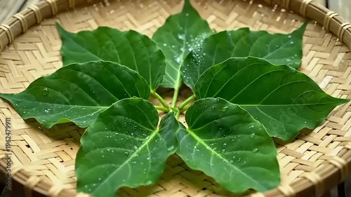 Large green leaf on woven basket.