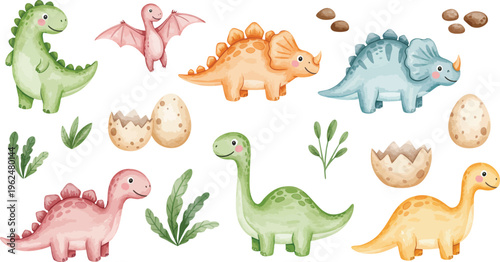 Colorful watercolor illustration of various dinosaurs and plants on white background for kids