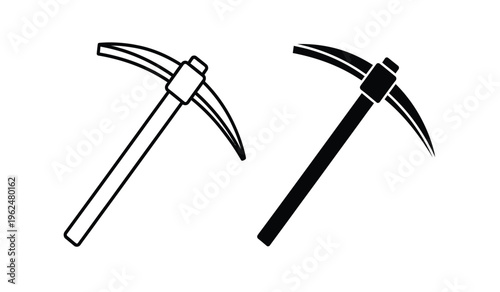 Silhouette of two pickaxes in black and white on a plain background