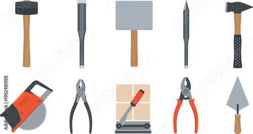 Collection of construction and repair tools isolated on transparent background set for building and diy projects.