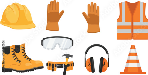 Construction worker safety personal protective equipment and tools on transparent background.