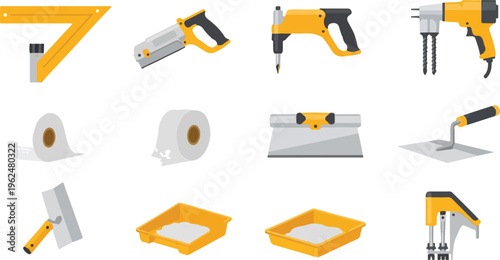 Drywall tools and supplies set isolated on transparent background for interior construction and finishing.