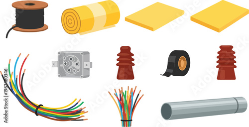 Electrical supplies and wires in isometric view including wire spool electrical box insulation tape and connectors.