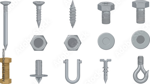 Fasteners and hardware in isometric view showing screws nails bolts nuts washers hooks and eye bolts.