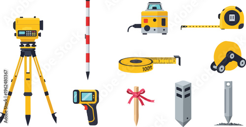 Geodetic survey equipment including total station tripod and laser level with measuring tapes for engineering precision.