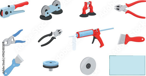 Glass installation tool set including suction cups glass cutter sealant gun and protective scrapers for professional use.