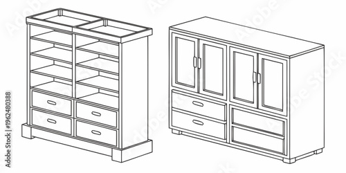 Two different wooden cabinets with shelves and doors for storage and organization
