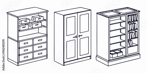 Three different types of wooden furniture including a bookshelf, cabinet, and wardrobe