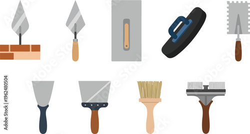 Masonry and tiling hand tools collection with various trowels spatulas brushes and grout float for construction works.