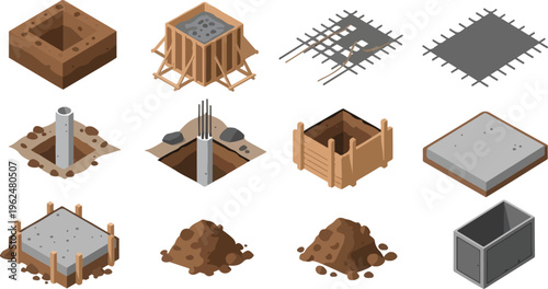Isometric set of construction site elements with excavation, foundations, and building materials.