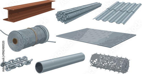 Metal construction materials in isometric view including steel beams rebar sheets chain wire rope and pipes.