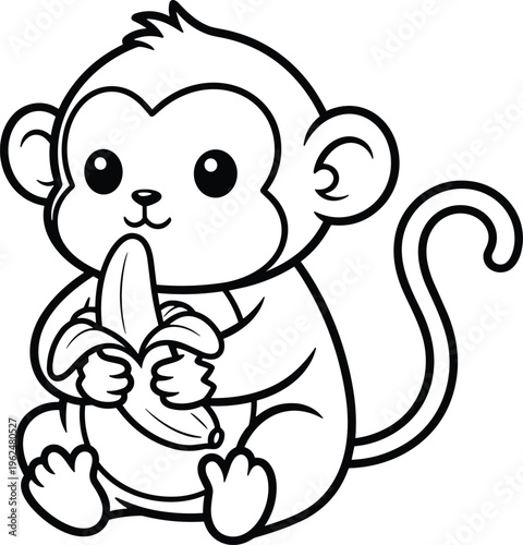 Cute cartoon monkey sitting with banana in hands, smiling friendly character illustration, black and white vector design for children’s content