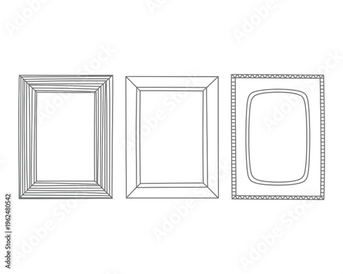 Black and white line of three window styles with curtains and blinds