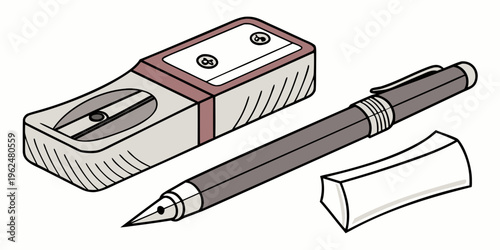 A set of writing tools including a pencil, a pen, and a sharpener.