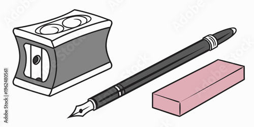 A fountain pen, pencil sharpener, and eraser on a white background