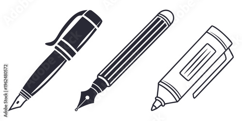 A collection of writing instruments including a fountain pen, ballpoint pen, and pencil