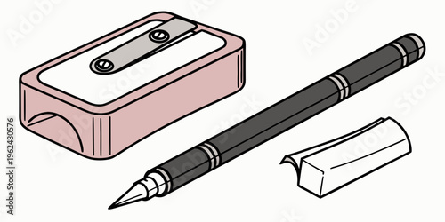 A pencil sharpener, pencil, and shavings on a white background