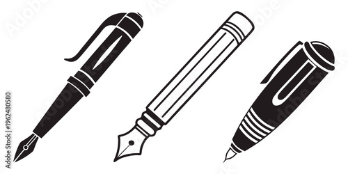 Three different types of writing instruments including a fountain pen, a dip pen, and a ballpoint pen.