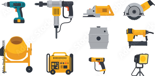 Power tools and heavy construction equipment set with cement mixer generator drill jackhammer circular saw and light.