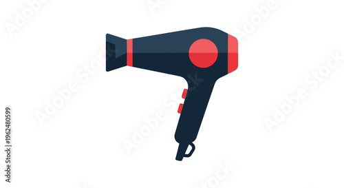Black hair dryer with red accents in simple flat design for beauty and haircare