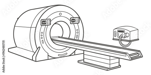 A detailed illustration of an mri machine with a patient table and control console.