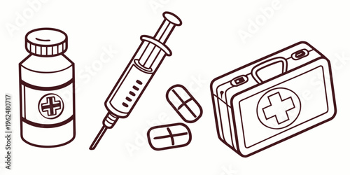 Illustration of medical supplies including a syringe, pills, and a first aid kit