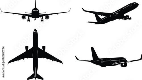 Commercial airplane silhouette vector illustration showing four different perspectives including front, side, top, and rear views for aviation design.