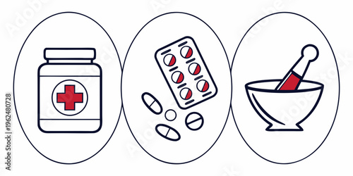 Medical items including a pill bottle, pills, and a mortar and pestle.