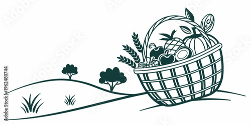 A basket of fresh vegetables and fruits on a rural landscape.