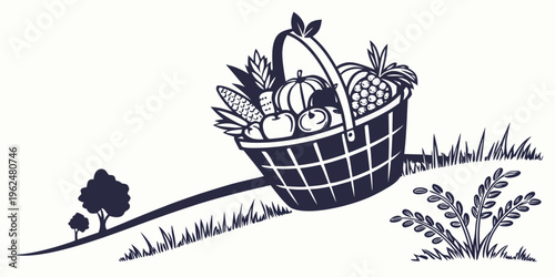 A basket filled with fresh vegetables and herbs on a grassy field