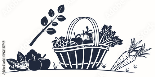 A basket of fresh vegetables and fruits with a carrot and leafy greens