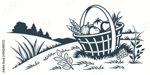 A vintage illustration of a picnic basket filled with various food items.