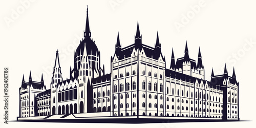Intricate drawing of a grand historic building with multiple spires and architectural details