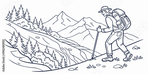 A hiker with a backpack stands on a rocky trail overlooking a mountainous landscape.