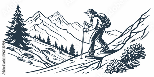 A person skiing down a snowy mountain with a scenic backdrop of trees and peaks