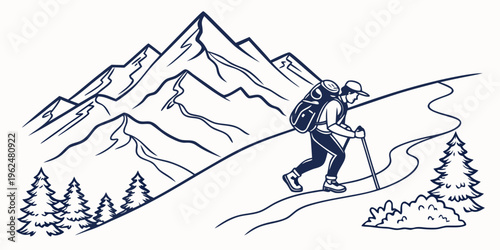 A skier navigating through a snowy mountain landscape with trees and peaks