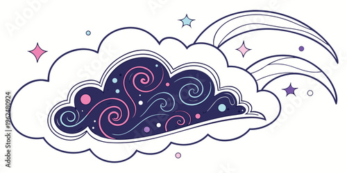 A whimsical cloud filled with swirling stars and sparkling lights floating in a dreamy sky