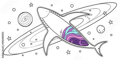 A whimsical illustration of a purple fish flying through a cosmic landscape