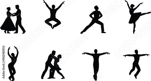 Dance silhouette vector illustration featuring diverse styles ballet couple solo poses expressive movement joyful artwork design energetic performance character theme